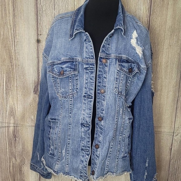 Hollister Distressed Denim Jean Jacket Sz L Blue Frayed Button Down - Picture 1 of 8